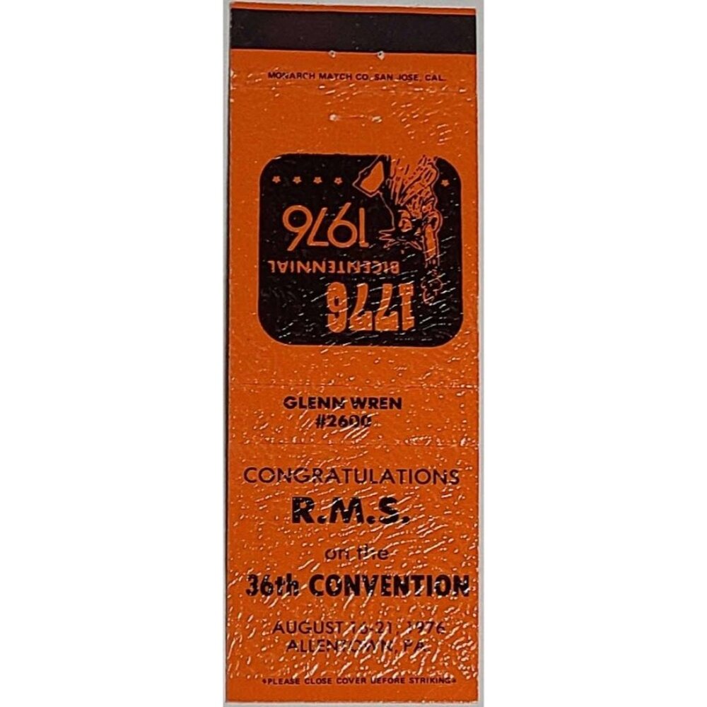 Matchbook Cover RMS 36th Convention 1976 Allentown PA Bicentennial Dark Orange